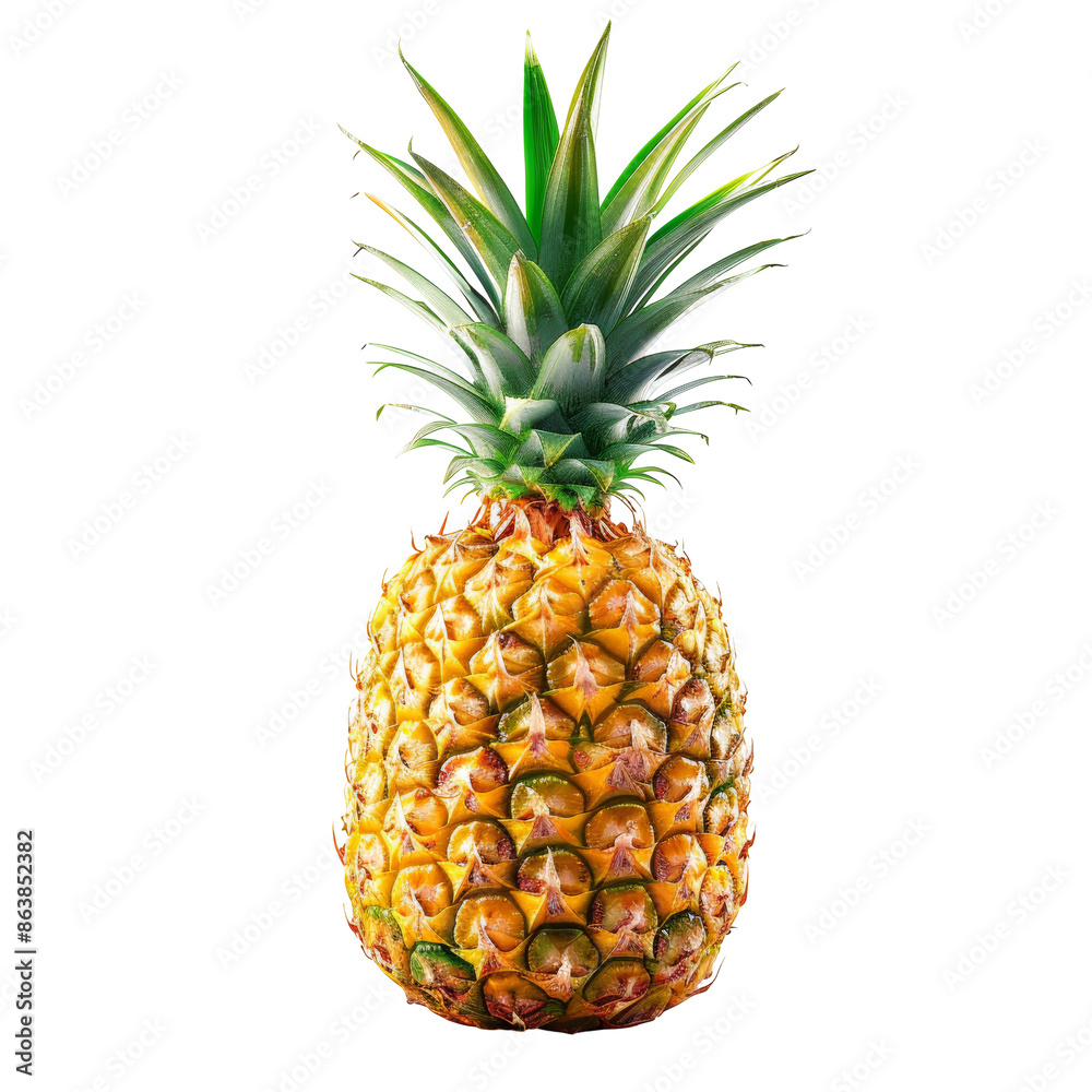 Close-up of a ripe pineapple with vibrant green leaves, isolated on white background. Perfect for tropical, fresh, and summer themes. Close-up of a ripe pineapple with vibrant green leaves, isolated on white background. Perfect for tropical, fresh, and summer themes.