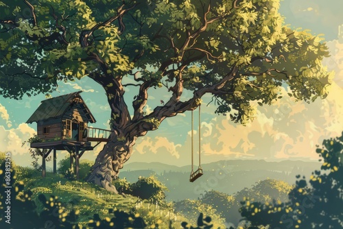 A rustic treehouse with a swing hanging from a sturdy branch, cozy vibe, Generative AI
