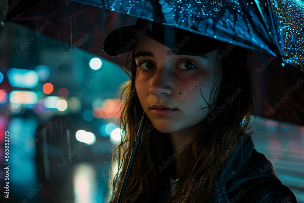 Woman in casual clothes standing on city street at rainy night generative AI