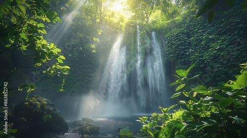 A cascading waterfall surrounded by lush green foliage, with sunlight filtering through the leaves and mist rising from the plunge pool © naphat