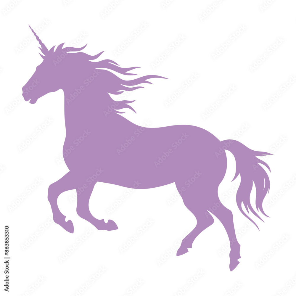 A purple unicorn with a flowing mane and tail, standing in a simple white background A purple unicorn with a flowing mane and tail, standing in a simple white background