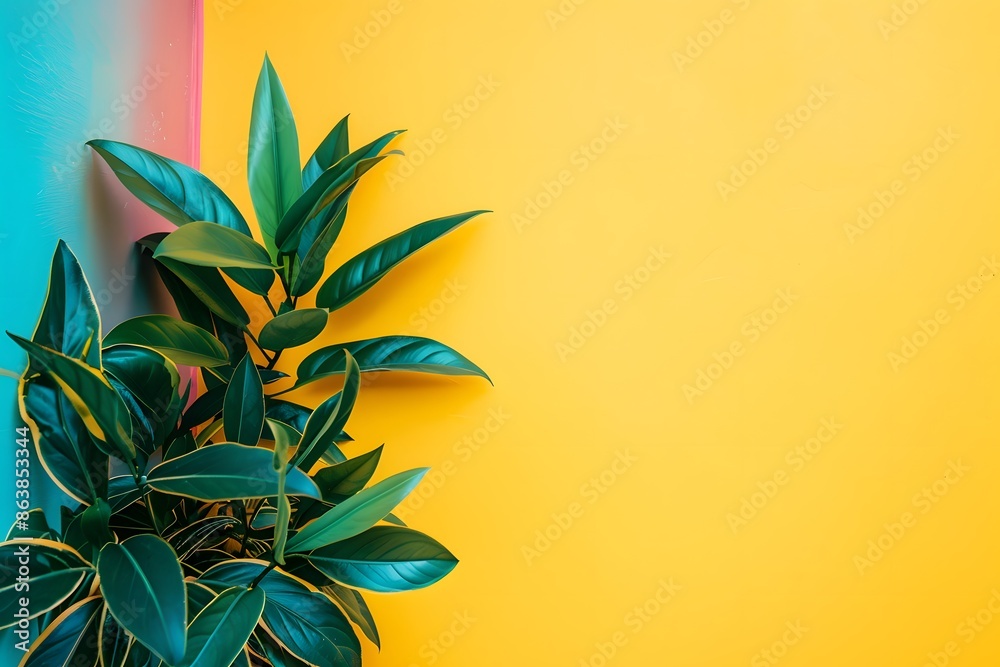Vibrant Green Leaves Against A Yellow And Blue Background. Generative AI Vibrant Green Leaves Against A Yellow And Blue Background. Generative AI