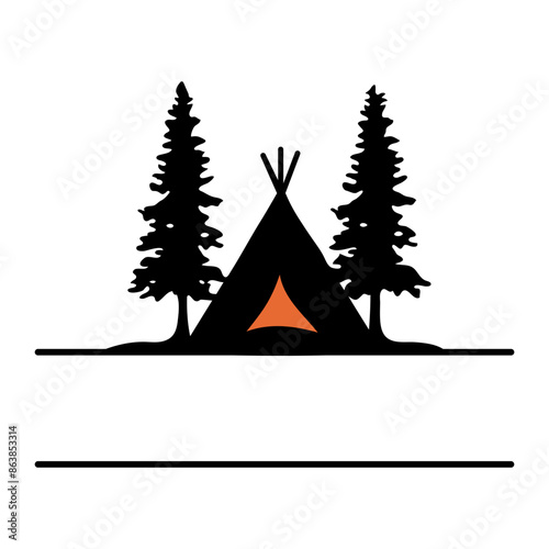 A black silhouette of a camping tent between two pine trees against a white background split border