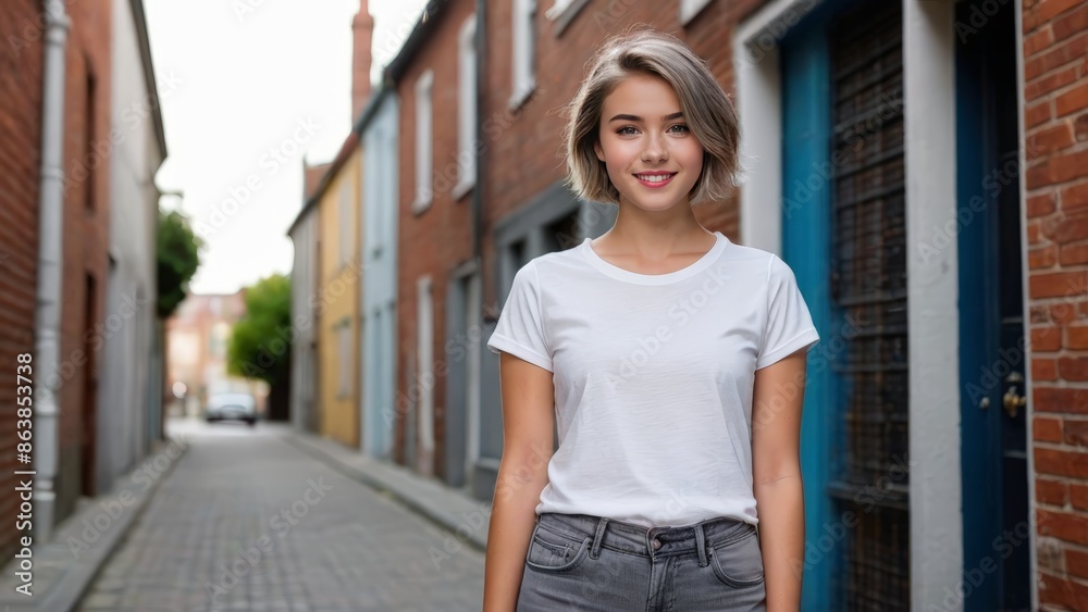 Teenage girl with short hair wearing white t-shirt and grey jeans standing in a city alley Teenage girl with short hair wearing white t-shirt and grey jeans standing in a city alley