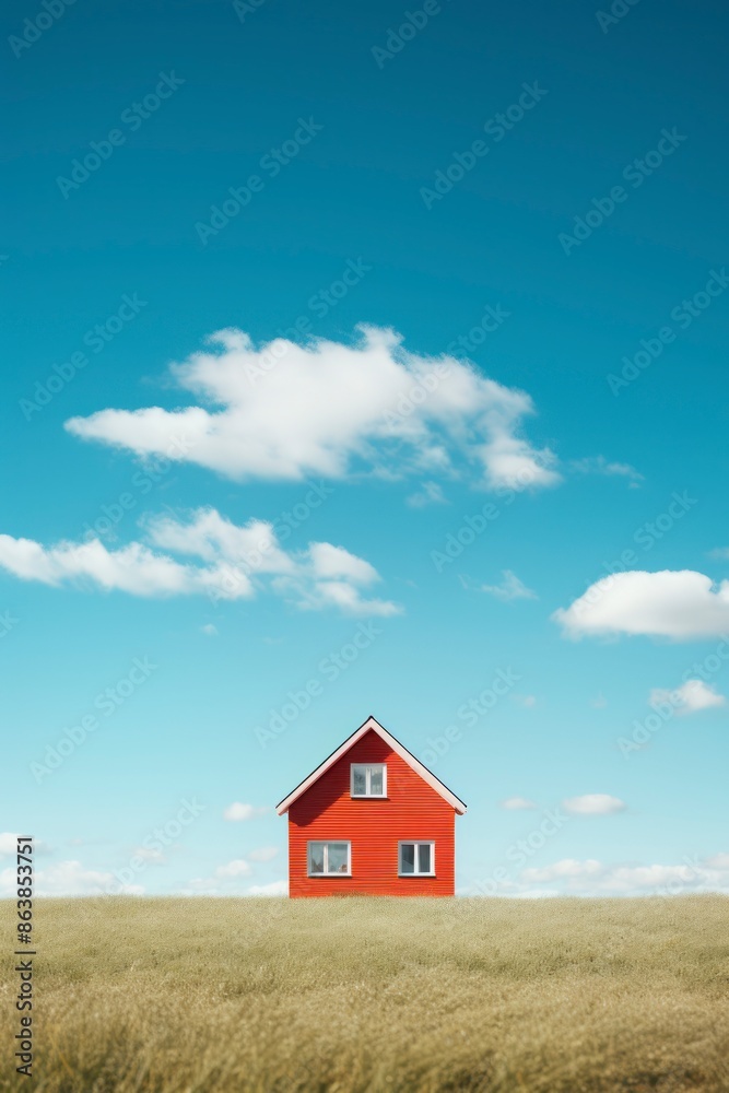 House on green field with blue sky and clouds. Real estate concept House on green field with blue sky and clouds. Real estate concept