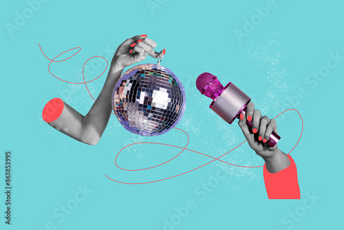 Canvastavla Collage picture 3d body fragments hands hold disco ball sphere party festive eve