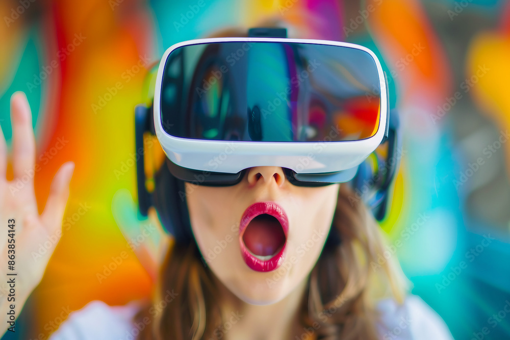 Person in vr virtual reality goggles visiting metaverse gaming world tech addicted, Generative AI