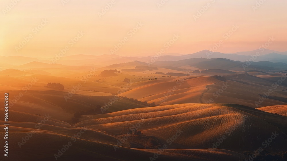 Fototapeta premium Vast undulating countryside terrain glows warmly under a hazy sunset, offering expansive space for large format branding applications.
