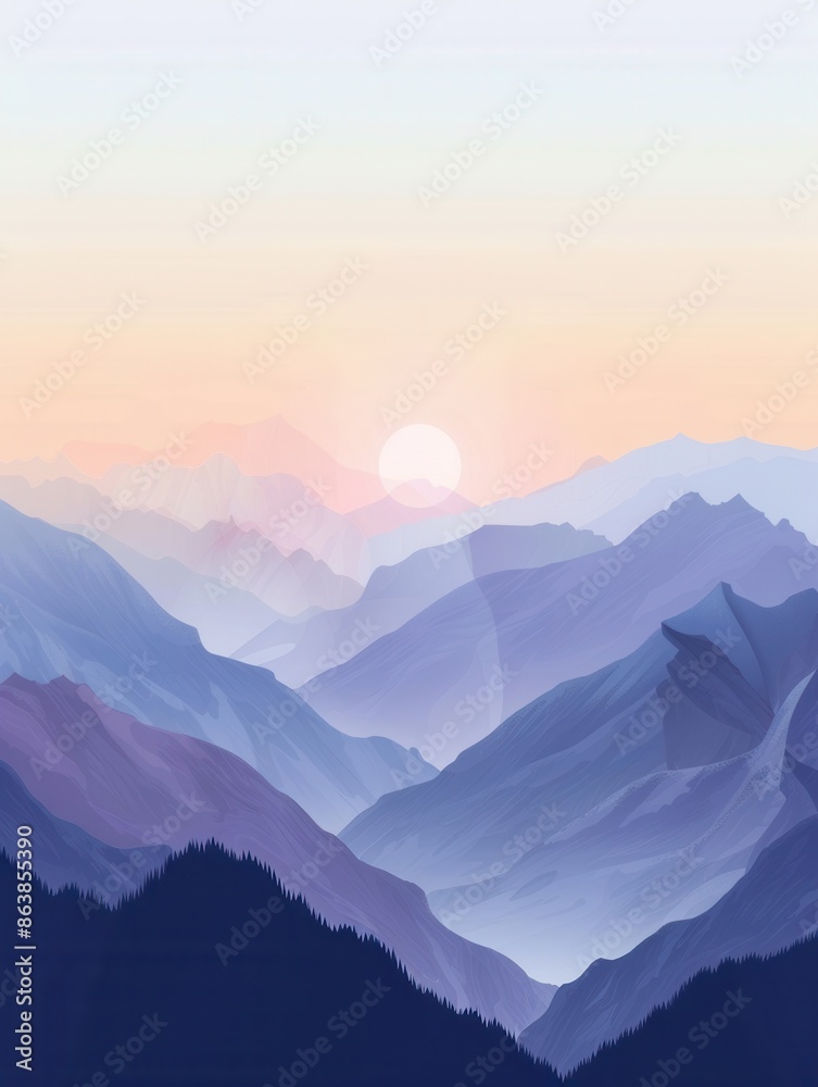 A tranquil mountain landscape at dawn, bathed in the soft, pastel hues of the rising sun. Generative AI A tranquil mountain landscape at dawn, bathed in the soft, pastel hues of the rising sun. Generative AI