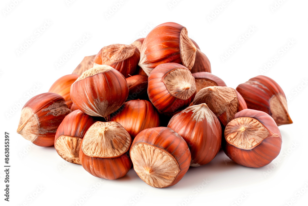 Close-up of shelled and unshelled Hazelnut nuts isolated on a white background, showcasing their texture Close-up of shelled and unshelled Hazelnut nuts isolated on a white background, showcasing their texture