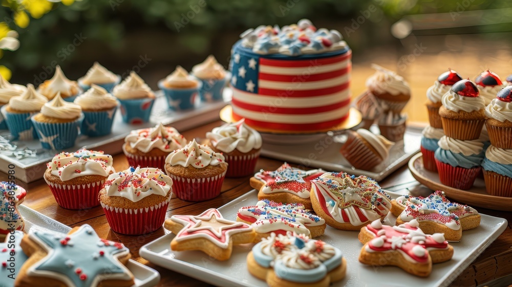 Assorted patriotic-themed desserts including cupcakes and cookies, with an American flag cake, perfect for celebrating Independence Day.