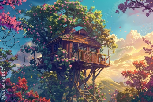  A treehouse perched on a cliffside, overlooking the ocean, cozy vibe, Generative AI