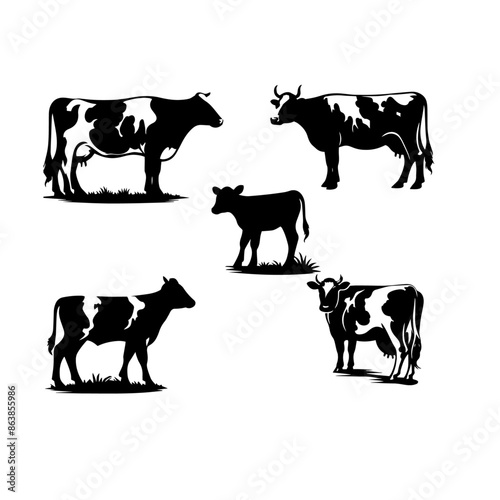 cow silhouette set black and white vector, Minimalist cow standing silhouette vector set
