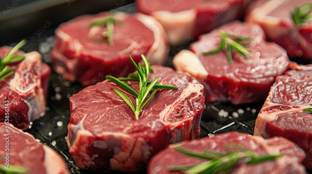 Assorted raw meat steaks ready for customers to select Assorted raw meat steaks ready for customers to select