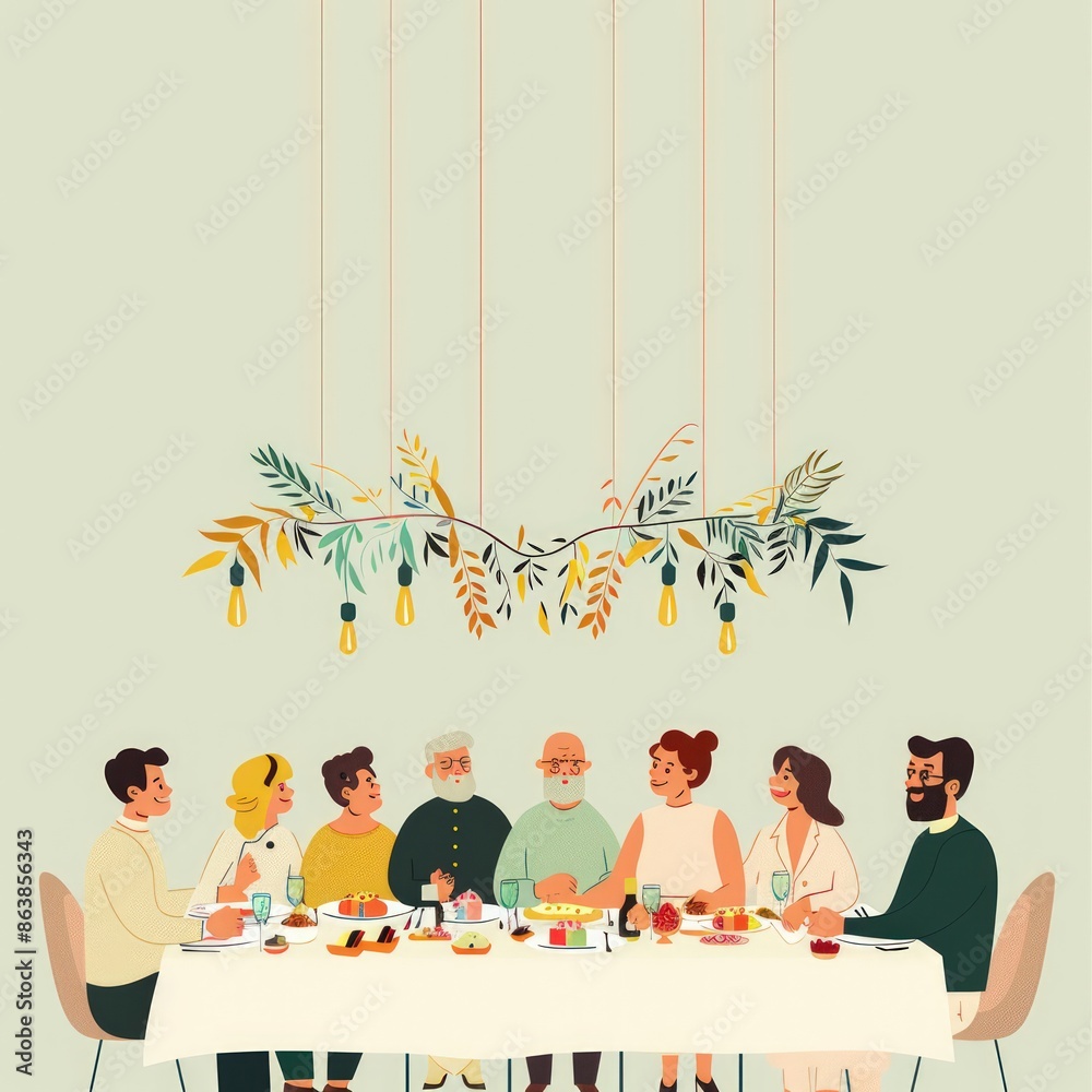 A group of people are sitting around a table with a large leafy chandelier hanging above them. Scene is warm and inviting, as the people are gathered together for a meal A group of people are sitting around a table with a large leafy chandelier hanging above them. Scene is warm and inviting, as the people are gathered together for a meal