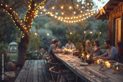 A group of people are gathered around a long wooden table with candles lit. Scene is warm and inviting, as the people are enjoying a meal together in a cozy outdoor setting