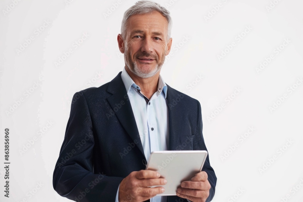 A businessman holding a tablet computer, suitable for office or corporate use A businessman holding a tablet computer, suitable for office or corporate use