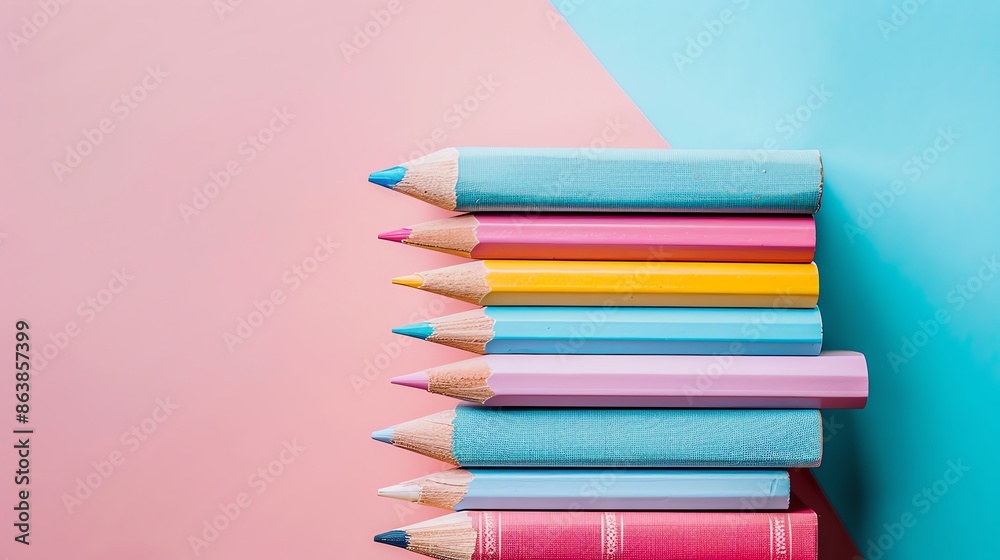 Fototapeta premium International Literacy Day with books and pencils, pastel colors, ample copy space