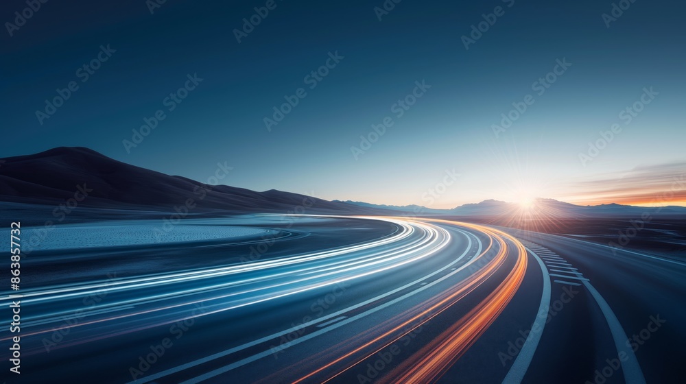 Naklejka premium Long Exposure Highway with Light Trails at Sunset, Capturing the Speed and Motion of Traffic on a Modern Roadway, Creating a Dynamic and Vibrant Scene