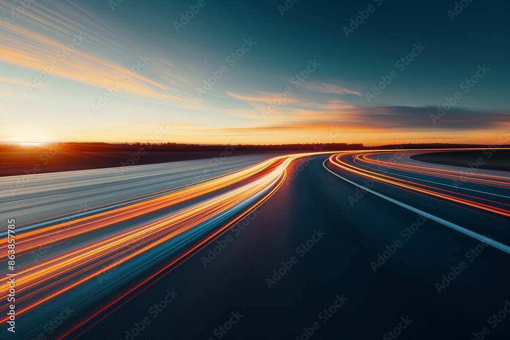Fototapeta premium Long Exposure Highway with Light Trails at Sunset, Capturing the Speed and Motion 