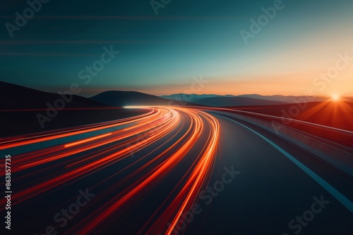 Long Exposure Highway with Light Trails at Sunset, Commute Speed and Motion Travel Adventure