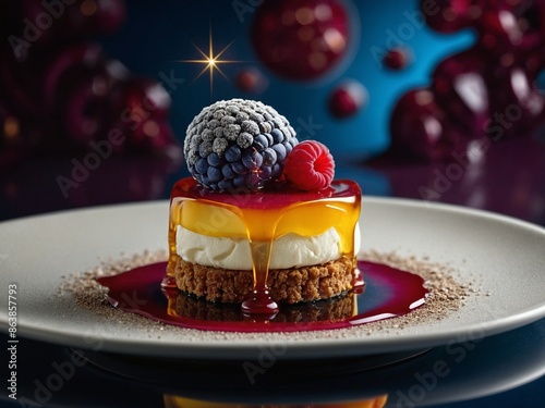 Michelin starred dessert at fine dining restaurant, sweet food photography with cinematic background photo