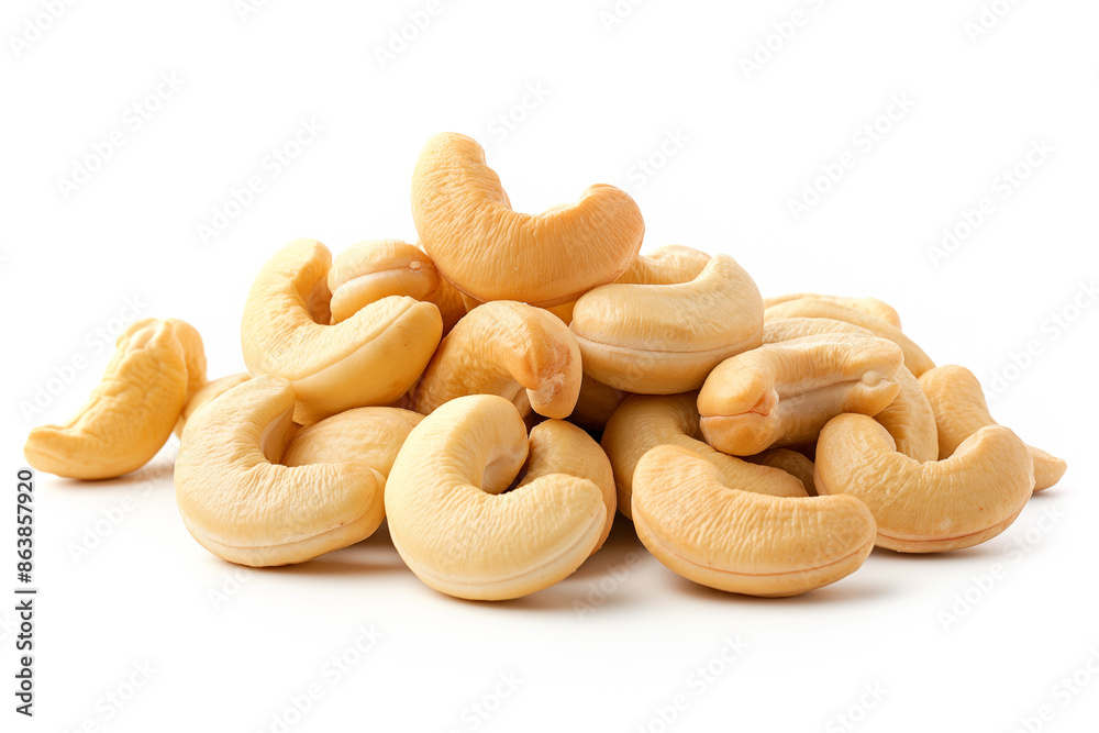 Close-up of shelled and unshelled Cashew nuts isolated on a white background, showcasing their texture Close-up of shelled and unshelled Cashew nuts isolated on a white background, showcasing their texture