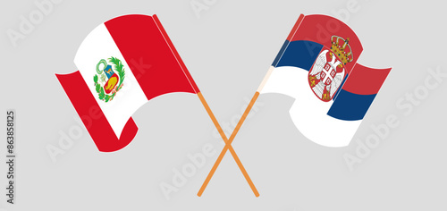 Crossed and waving flags of Peru and Serbia