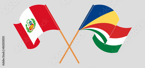 Crossed and waving flags of Peru and Seychelles