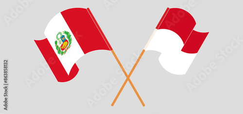 Crossed and waving flags of Peru and Monaco
