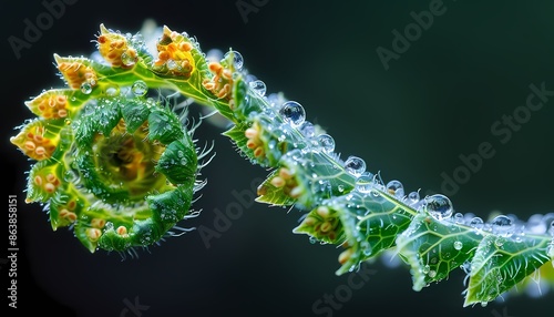 A close-up of a fern frond with dew drops on it. The fern is green and the dew drops are clear and shiny. The background is a dark green. photo