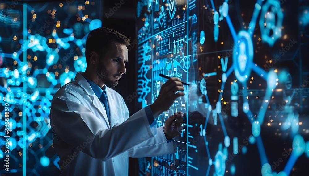 A doctor in a white coat uses a stylus to interact with a digital screen filled with glowing blue data A doctor in a white coat uses a stylus to interact with a digital screen filled with glowing blue data