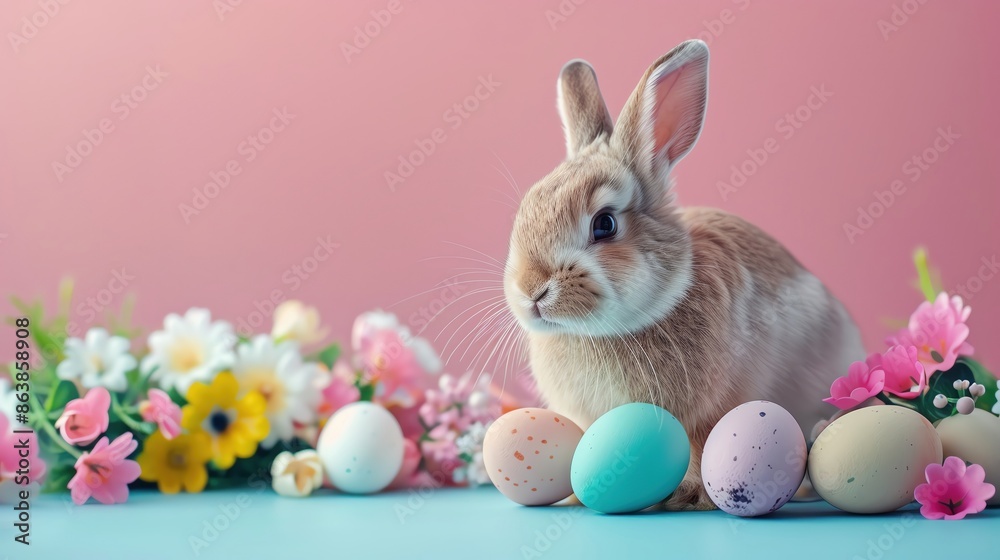 Easter celebration with colorful eggs and bunnies, spring colors, ample copy space Easter celebration with colorful eggs and bunnies, spring colors, ample copy space