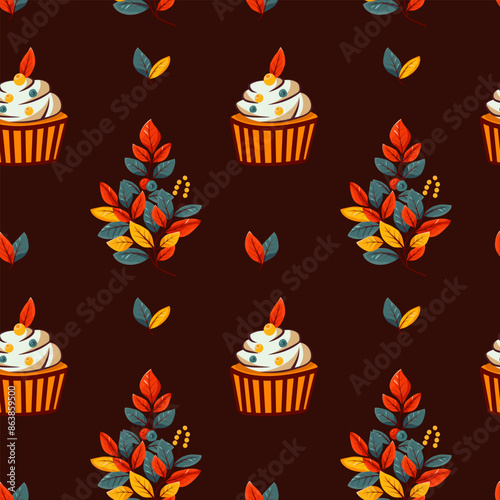Hello autumn, autumn season, leaves, branches, berry cupcake, pattern, vector