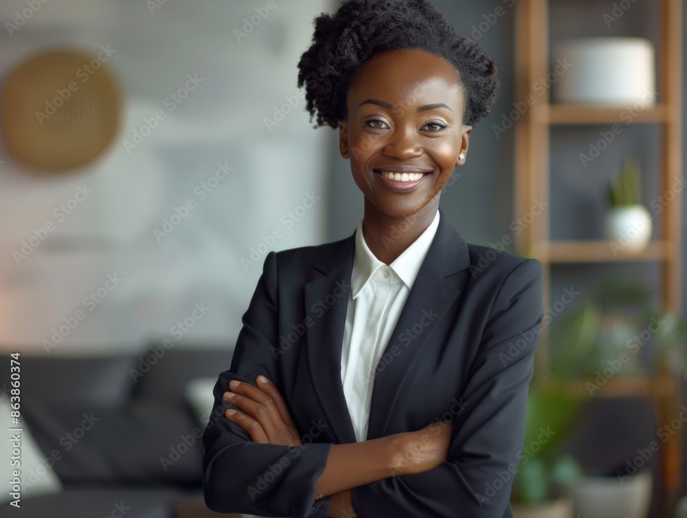 A professional woman dressed in a business suit stands with her arms crossed, conveying confidence and authority A professional woman dressed in a business suit stands with her arms crossed, conveying confidence and authority