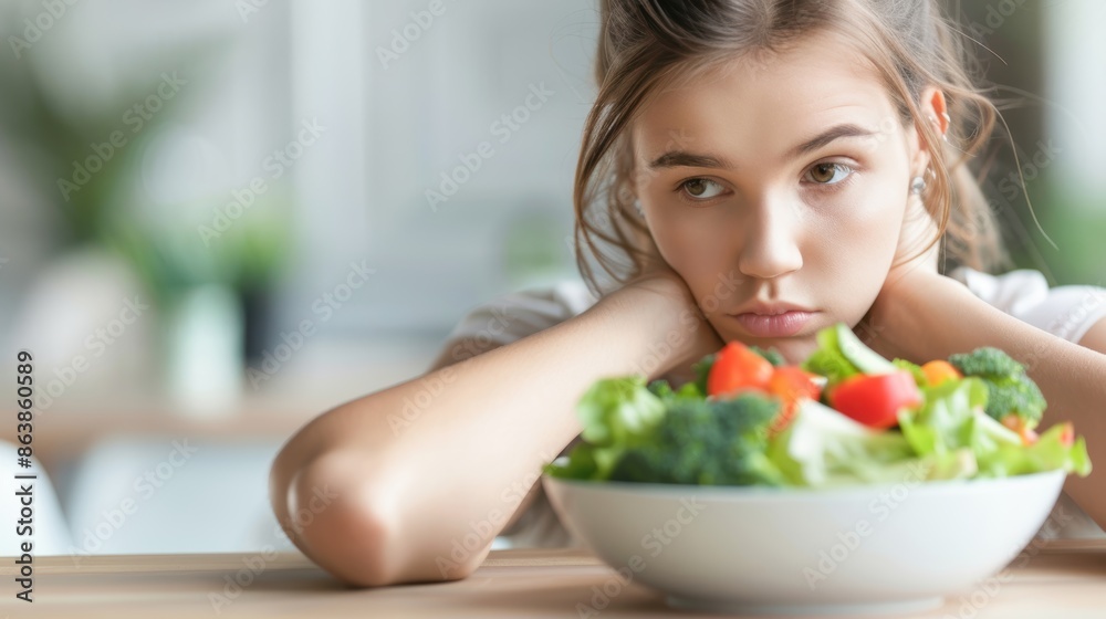 Girl with bored expression eating vegetables, craving tasty food, healthy eating Girl with bored expression eating vegetables, craving tasty food, healthy eating