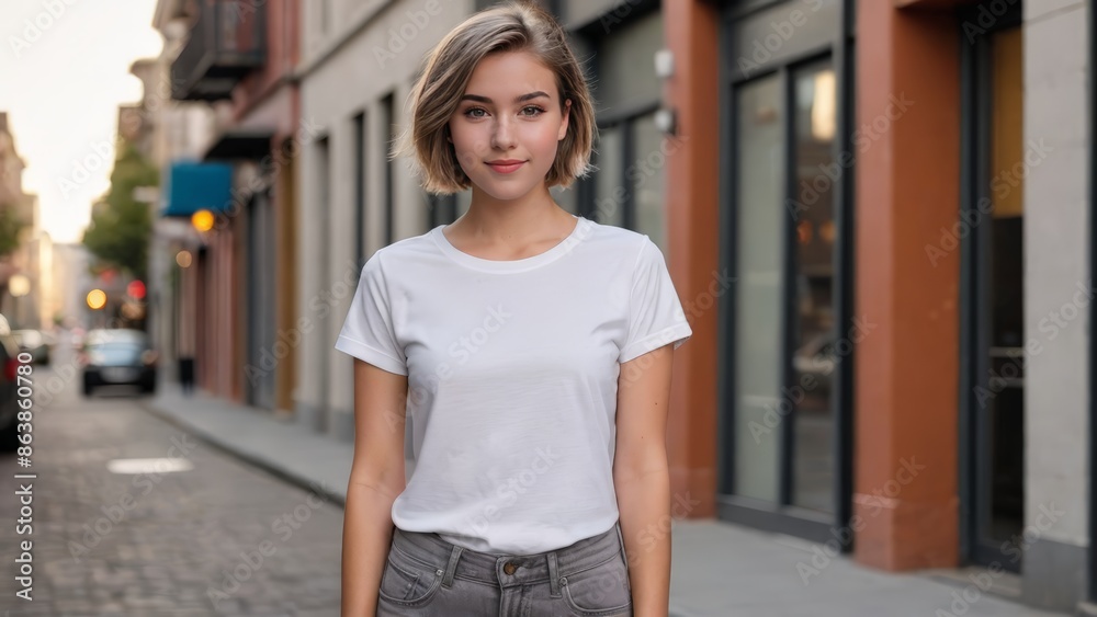 Teenage girl with short hair wearing white t-shirt and grey jeans standing on the street Teenage girl with short hair wearing white t-shirt and grey jeans standing on the street