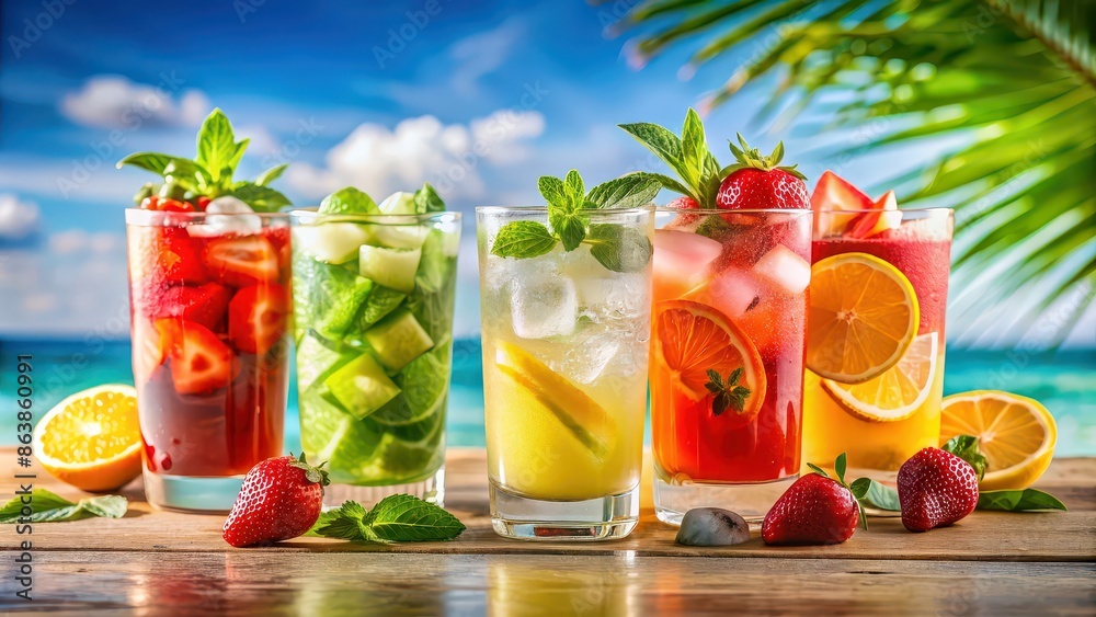 Fototapeta premium Refreshing summer drinks perfect for hot days at the beach or by the pool, summer, drinks, cold, beverages, cocktails