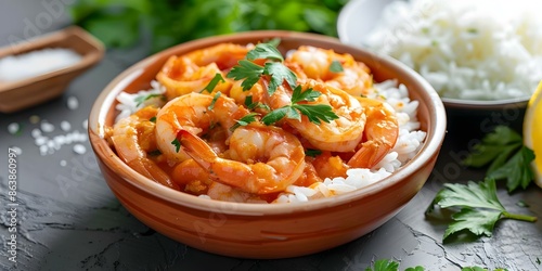 Fototapeta Naklejka Na Ścianę i Meble -  Brazilian shrimp stew with rice manioc flour traditional coastal cuisine in Brazil. Concept Brazilian cuisine, Shrimp stew, Rice dish, Manioc flour, Traditional coastal cuisine