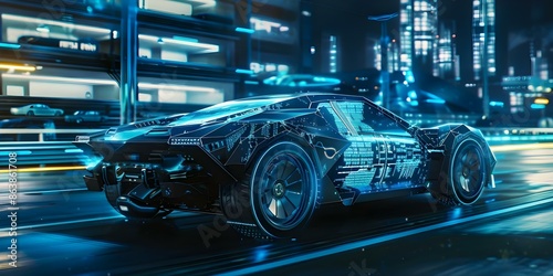 Futuristic cybertruck car displayed in blue HUD interface embodying cyberpunk aesthetic. Concept Cybertruck, Futuristic Design, HUD Interface, Cyberpunk Aesthetic, Innovative Technology