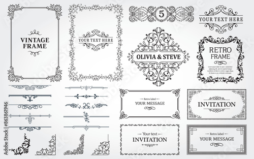 Design elements set, decorative flourish border corner and frame collection for invitation, menu and page decoration