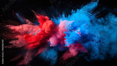 Photo of an explosion of blue and red powder on a black background. Colored clouds. Multicolored dust explosion. Painted Holi.