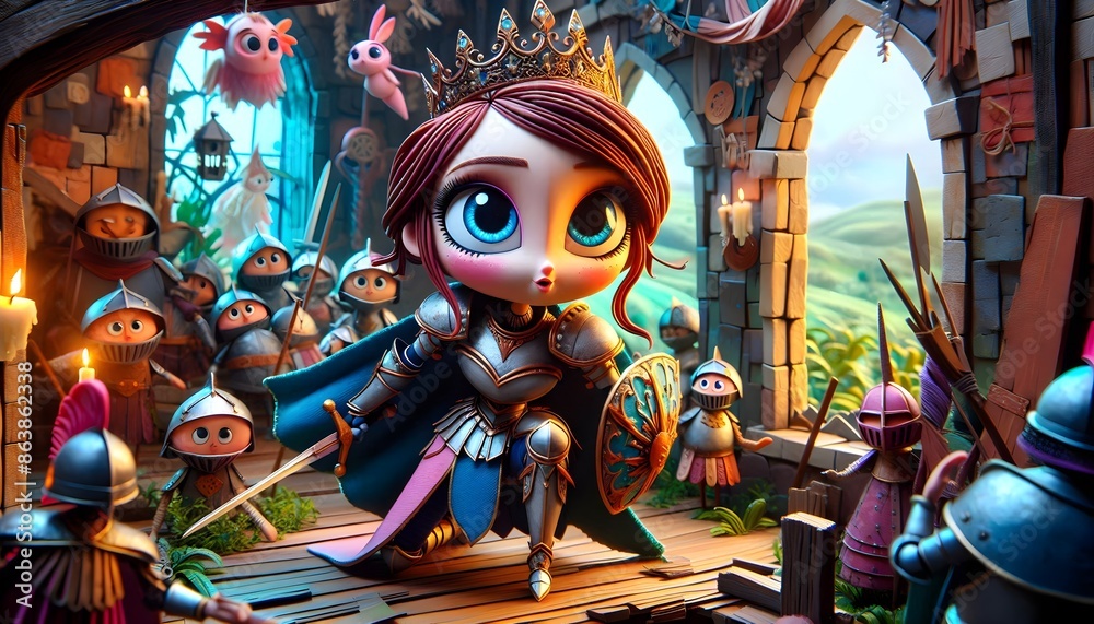 Fototapeta premium Ilustración 3D, Princesa valiente, princesa, guerrera, cuento de hadas, reino mágico, Valentía, castillo, medieval para niños, fantasía storybook, arte, decoraciones, variopinto