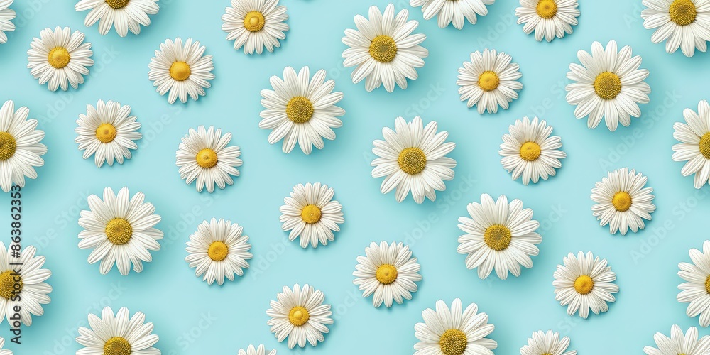 Seamless pattern of white daisies on a light blue background, daisy, flowers, floral, seamless, pattern, background, nature Seamless pattern of white daisies on a light blue background, daisy, flowers, floral, seamless, pattern, background, nature