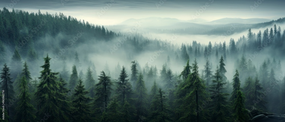 Panoramic view of foggy forest in the mountains at sunrise Panoramic view of foggy forest in the mountains at sunrise