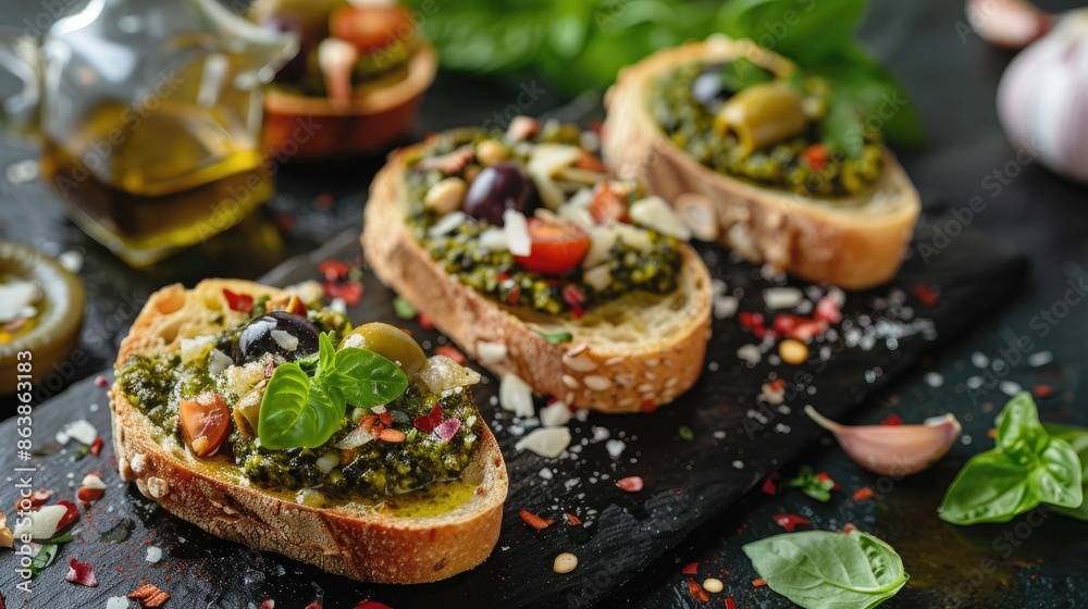 Delicious vegan bruschetta with olive oil olives pesto garlic parmesan on ciabatta bread Ideal for copying Delicious vegan bruschetta with olive oil olives pesto garlic parmesan on ciabatta bread Ideal for copying