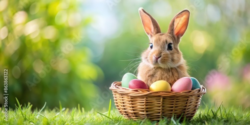 Cute Easter bunny rabbit with a basket of colorful eggs, Easter, bunny, rabbit, holiday, spring, basket, eggs, colorful photo
