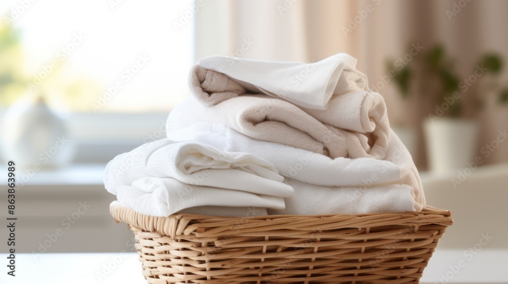 Wicker basket with clean towels on table in bathroom, closeup Wicker basket with clean towels on table in bathroom, closeup