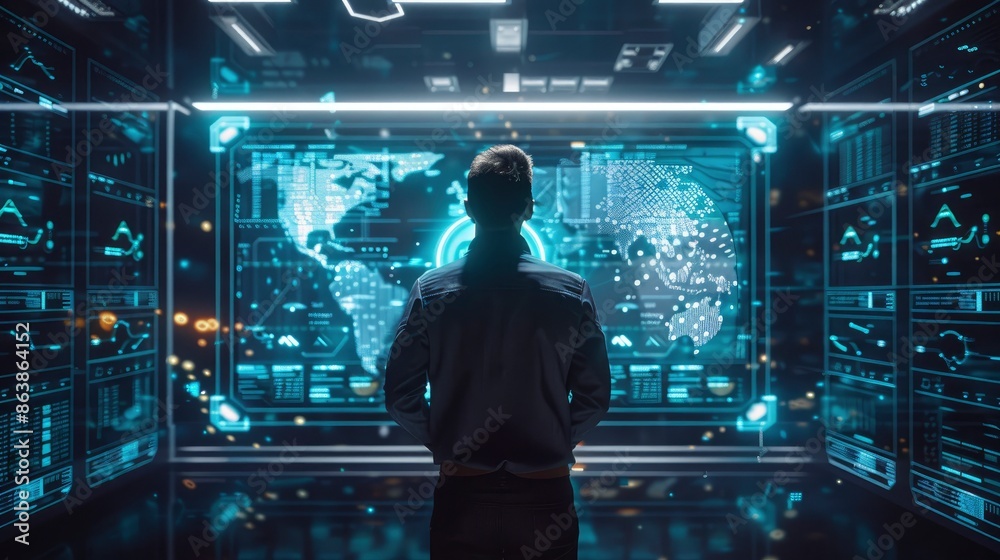 Data Visualization With A Data Analyst And Storage Virtual Hologram Icon On Screen, The Technology Advanced And Innovative Data Visualization With A Data Analyst And Storage Virtual Hologram Icon On Screen, The Technology Advanced And Innovative