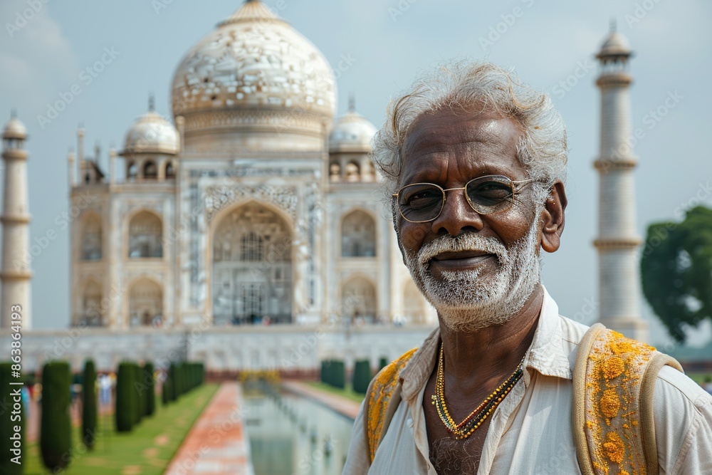 Naklejka premium smiling African-American senior citizen taking a selfie in the gardens of the Taj Mahal - Agra